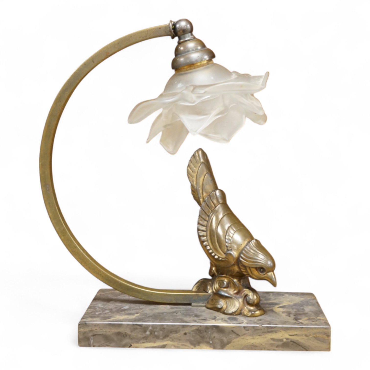 An Art Deco table lamp in the form of a bird with tchecoslovaquie glass shade, 26cm high